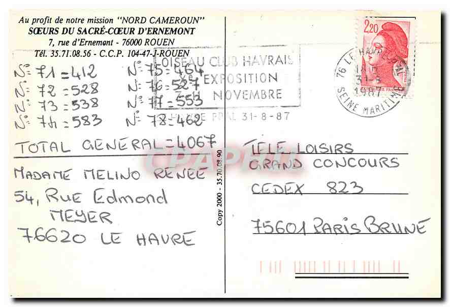 CPM Soeurs du Sacre Coeur d'Ernemont rue d'Ernemont Rouen  — Verso