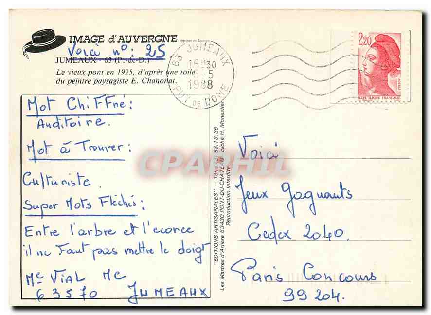 CPM Image d'Auvergne Jumeaux Le vieux pont en 1925 d'apres une toile du peintre paysagiste  — Verso