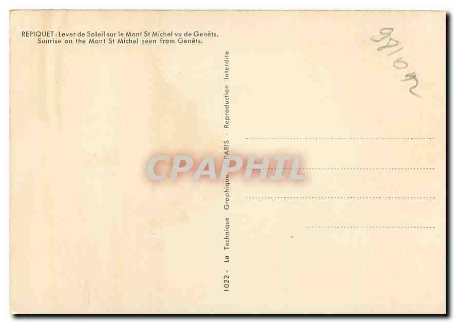 CPM Repiquet Lever de Soleil sur le Mont St Michel vu de Genets  — Verso