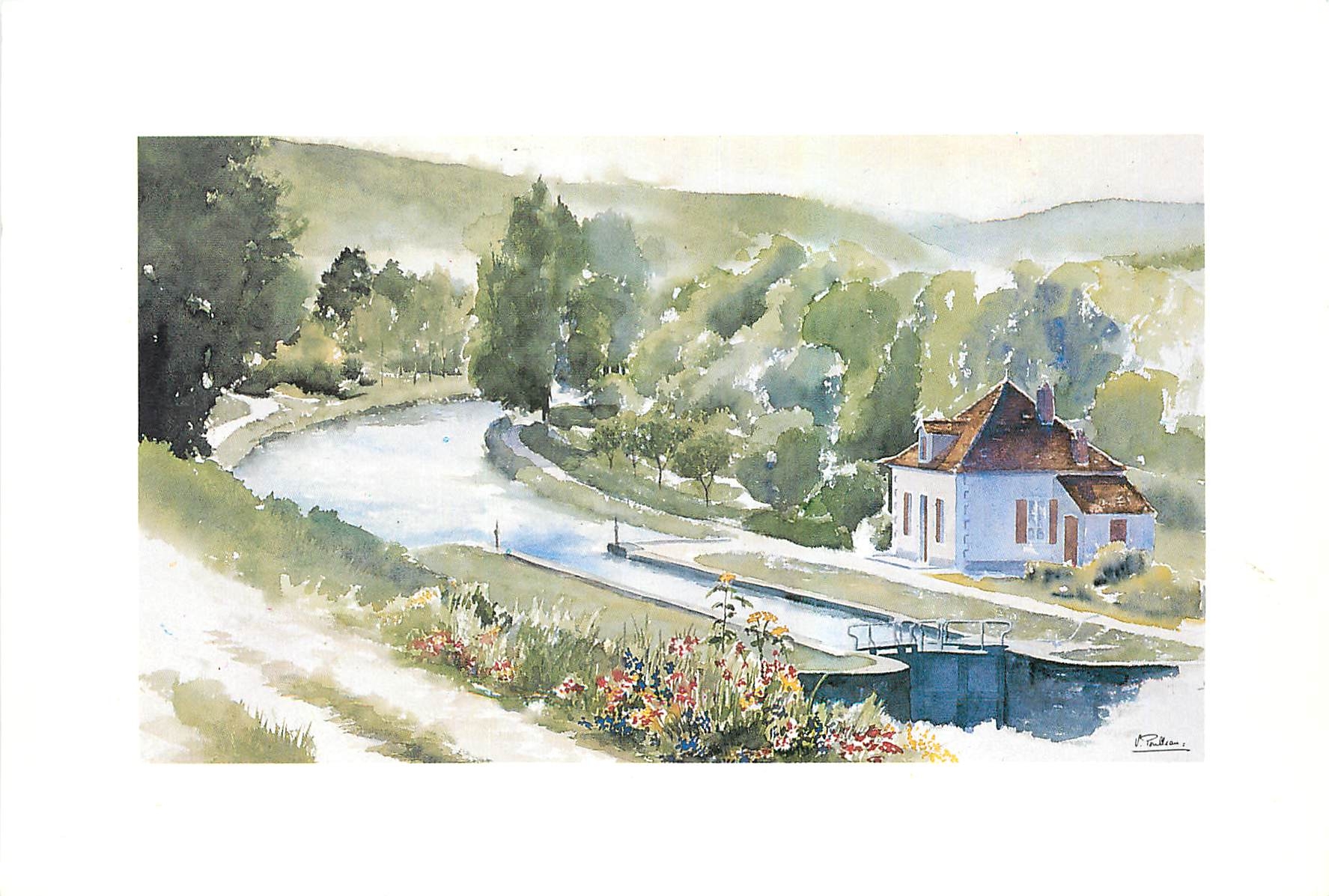 CPM Aquarelle de Veronique Poulleau Canal de Bourgogne 