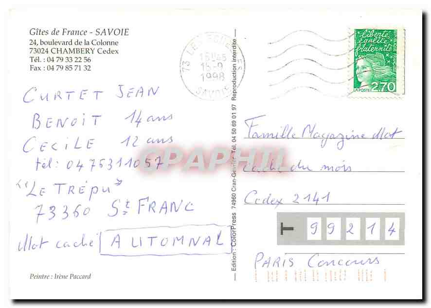 CPM Gites de France Savoie boulevard de la Colonne Chambery Cedex  — Rückseite