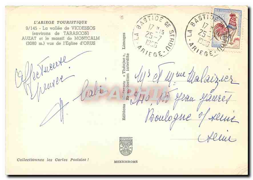 CPM l'Ariege Touristique La vallee de Vicdessos environs de Tarascon Auzat et le massif de Montcalm  — Rückseite
