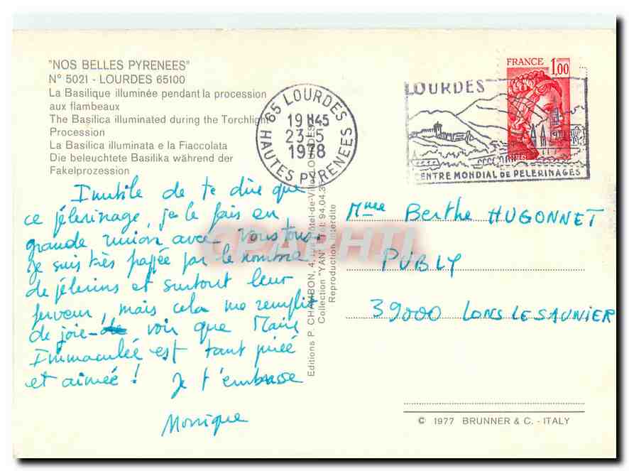 Lourdes — Basilique illuminée pendant la procession aux flambeaux — Editions P. CHAMBON & Cie, N° 5021 — Verso