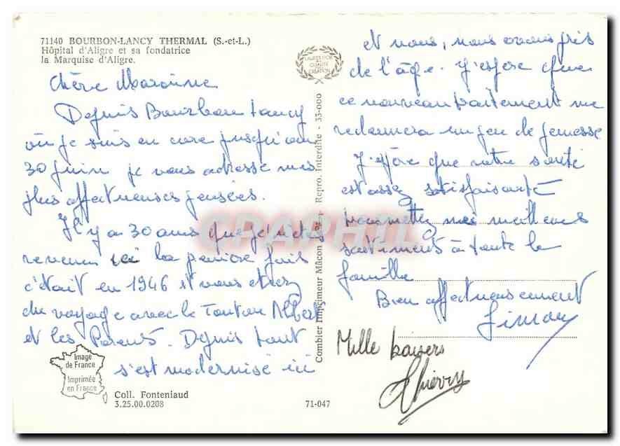 CPM Bourbon Lancy Thermal S et L Hopital d'Aligre et sa fondatrice la Marquise d'Aligre  — Rückseite