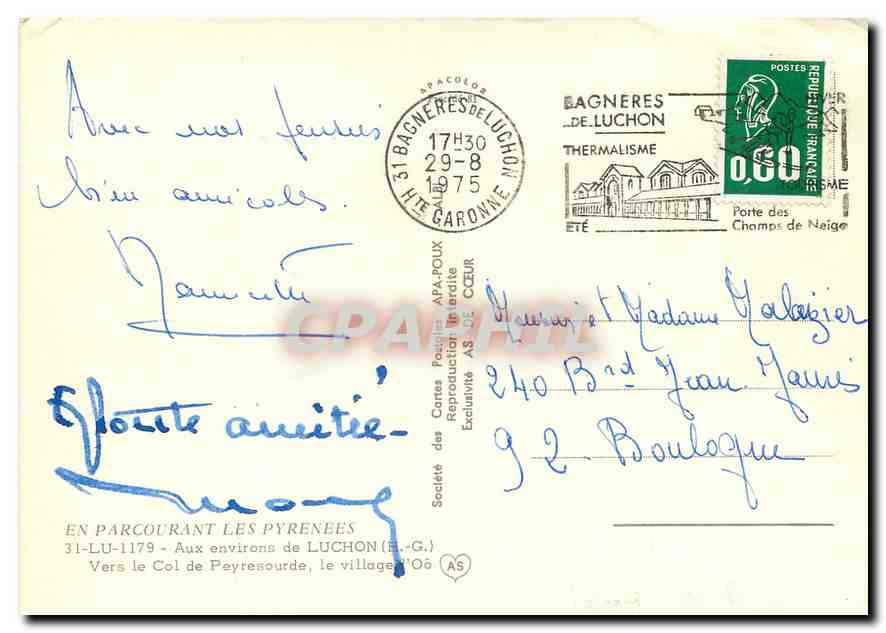 Bagnères-de-Luchon — Vue du village et du Col de Peyresourde — Société des Cartes Postales APA-POUX — Verso