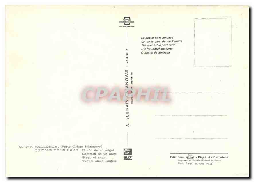 CPM Mallorca Porto Cristo Cuevas dels Hams Sommell de un ange  — Rückseite