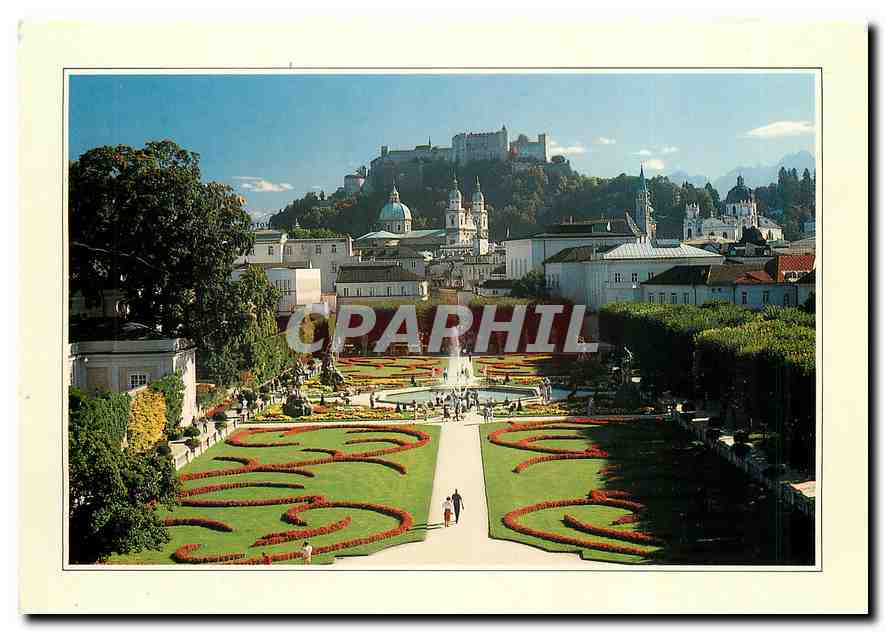 CPM Ville du Festival Salzburg Jardin Mirabell vers Vieille Ville et Fortresse 