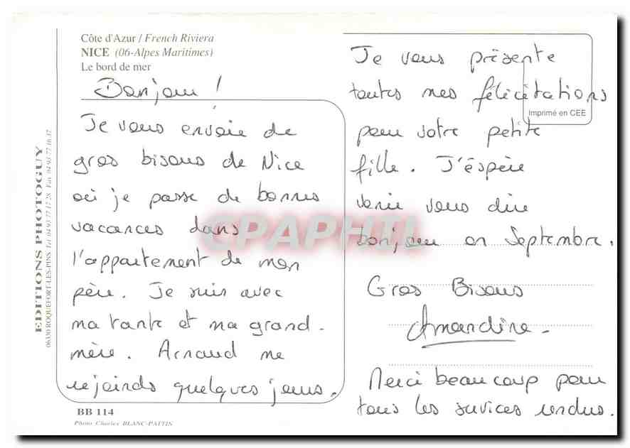 CPM Cote d'Azur Nice Alpes Maritimes Le bord de mer  — Rückseite
