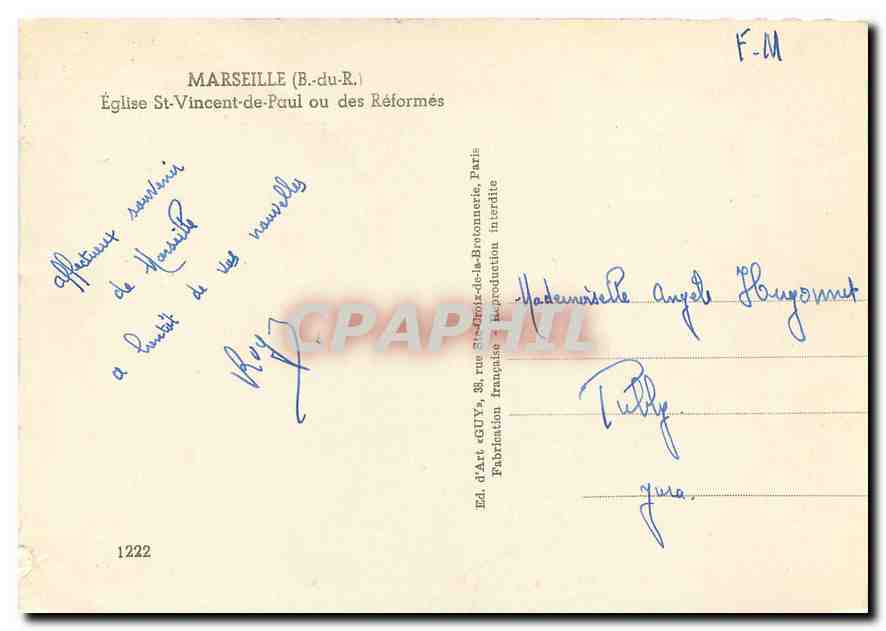 CPM Marseille B du R Eglise St Vincent de Paul ou des Reformes Tramway — Verso