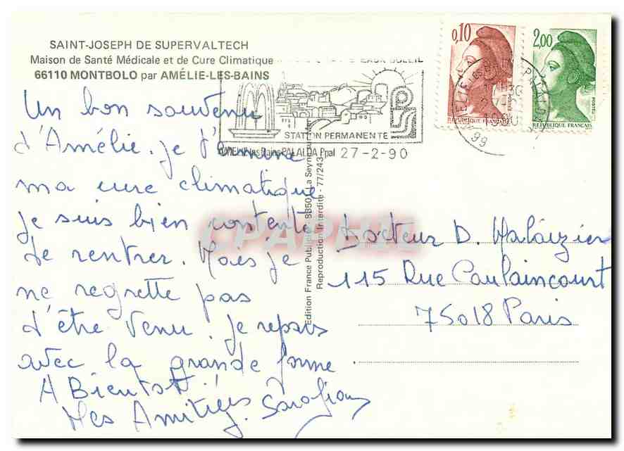 CPM Saint Joseph de Supervaltech Maison de Sante Medicale et de Cure Climatique Montbolo par Amelie  — Rückseite