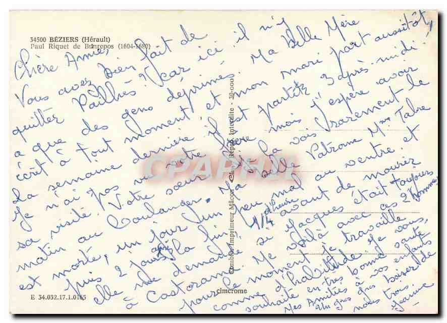 CPM Beziers Herault Paul Riquet de Bonrepos  — Back