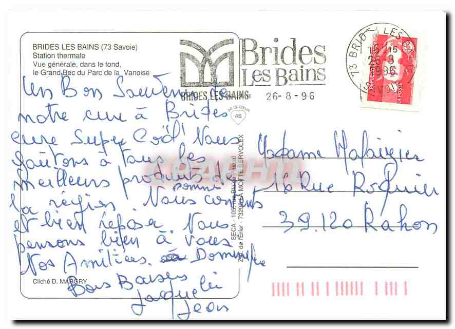 CPM Brides les Bains Savoie Station thermale Vue generale dans le fond le Grand Bec du Parc de la Va — Rückseite