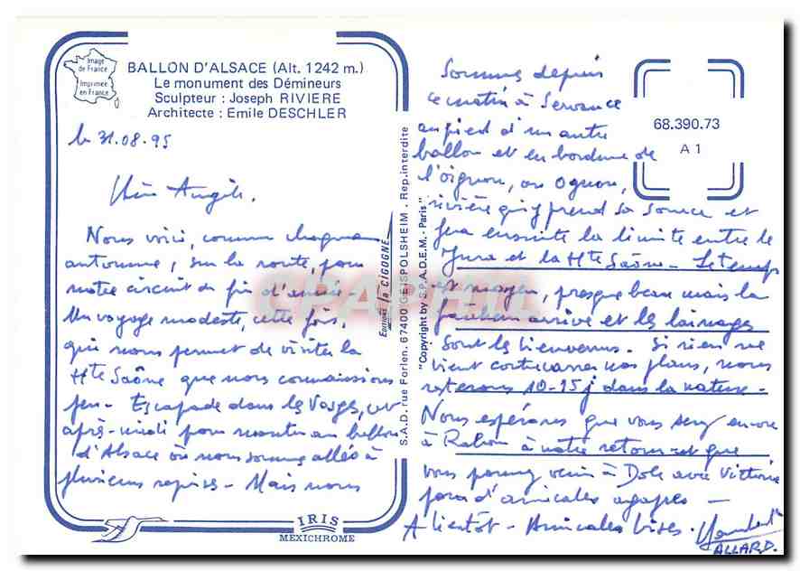CPM Ballon d'Alsace Le monument des Demineurs  — Rückseite