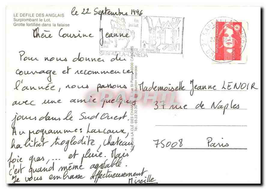 Grotte fortifiée de Sarlat — Surplombant le Lot — éditeur La Clé des Champs, n°75008 — Reverso