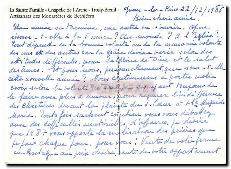 CPM La Sainte Famille Chapelle de l'Arche Trosly Breuil Artisanats des Monasteres de Bethleem  — Back