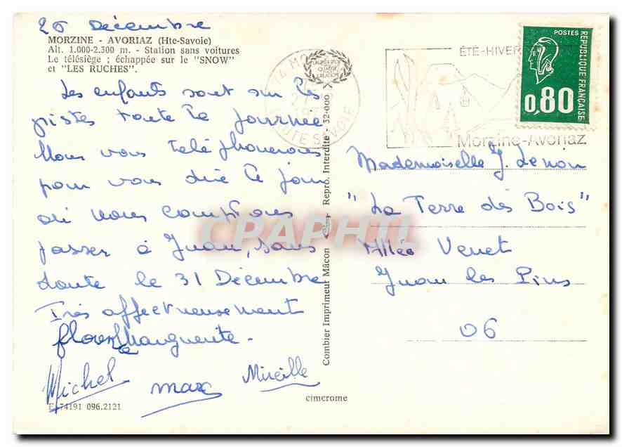 Morziné-Avoriaz — Station sans voitures — éditeur Combiner Imprimeur Mâcon — Rückseite