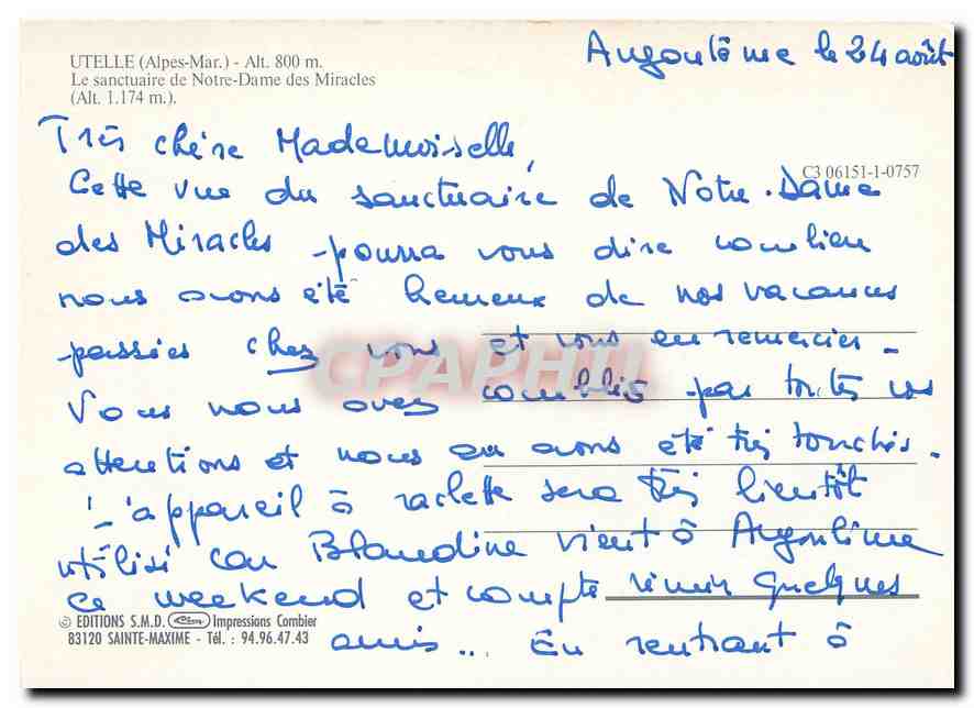CPM Utelle Alpes Mar La Sanctuaire de Notre Dame des Miracles  — Rückseite