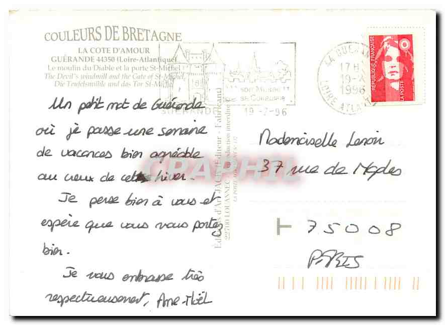 CPM Couleurs de Bretagne La Cote d'Amour Guerande Loire Atlantique Le moulin du diable et la porte S — Back