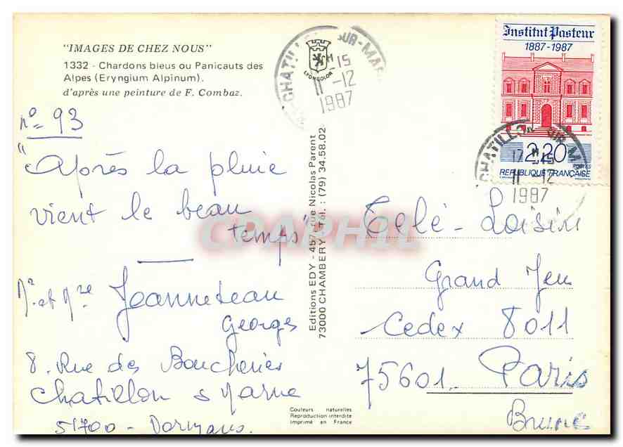 CPM Images de Chez Nous Chardons Bleus ou Panicauts des Alpes Eryngium Alpinum  — Rückseite