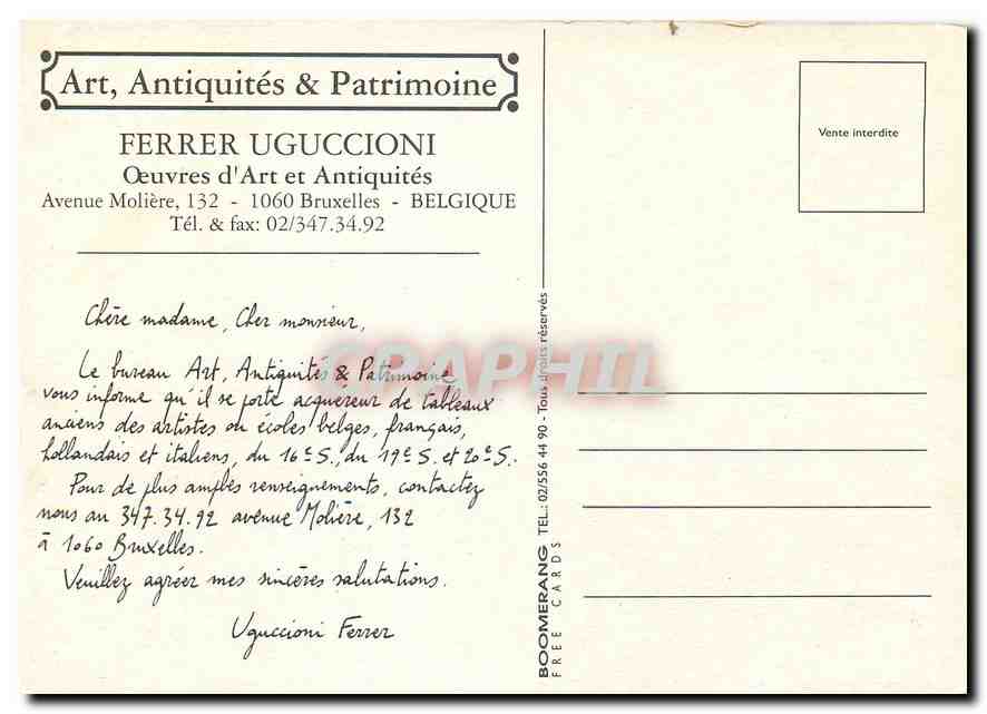 CPM Ferrer Uguccioni Oeuvres d'Art et Antiquites Belgique  — Rückseite