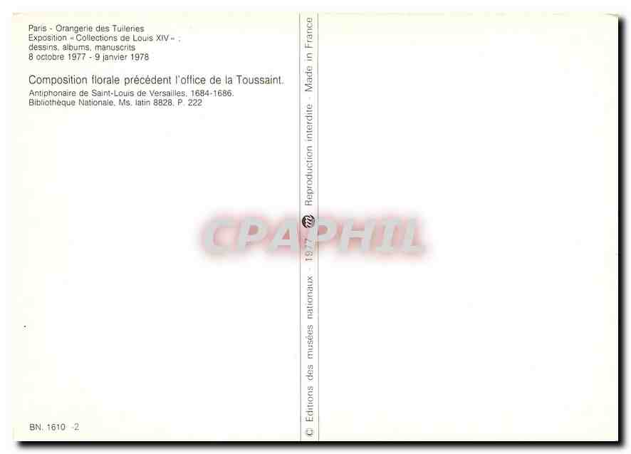 CPM Paris Orangerie des Tuillenes Composition florale precedent l'office de la Toussaint  — Rückseite