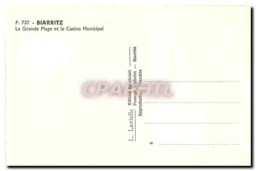 CPM Biarritz La Grande Plage et le Casino Municipal  — Rückseite