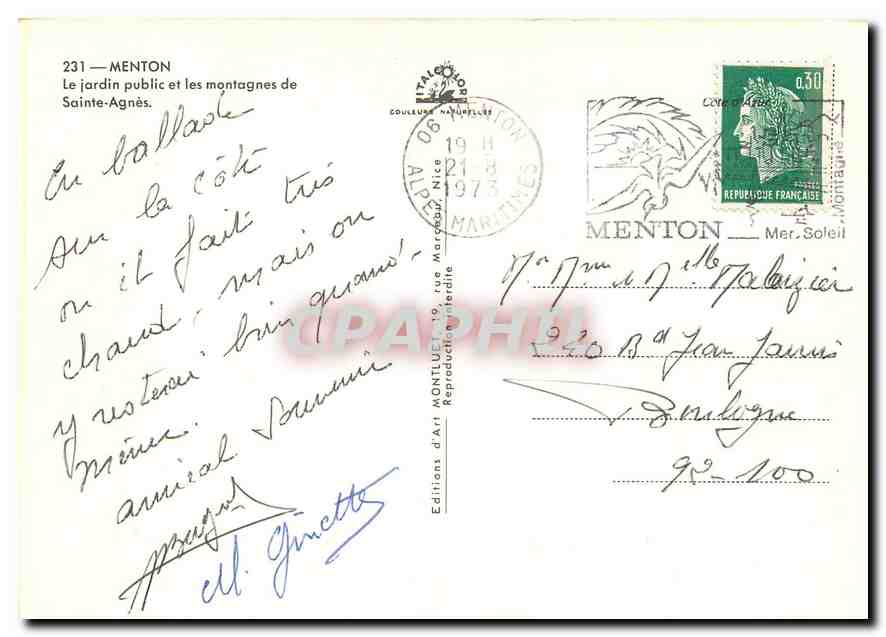 CPM Menton Le jardin public et les montagnes de Sainte Agnes Citrons — Rückseite
