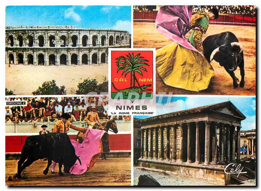 CPM Nimes Gard Les Arenes Amphitheatre La Maison Carree Musee des Antiques Deux phases de Corrida Ta