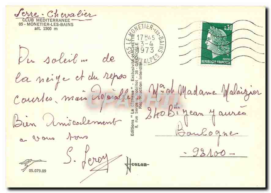 CPM Club Mediterranee Monetier les Bains  — Rückseite