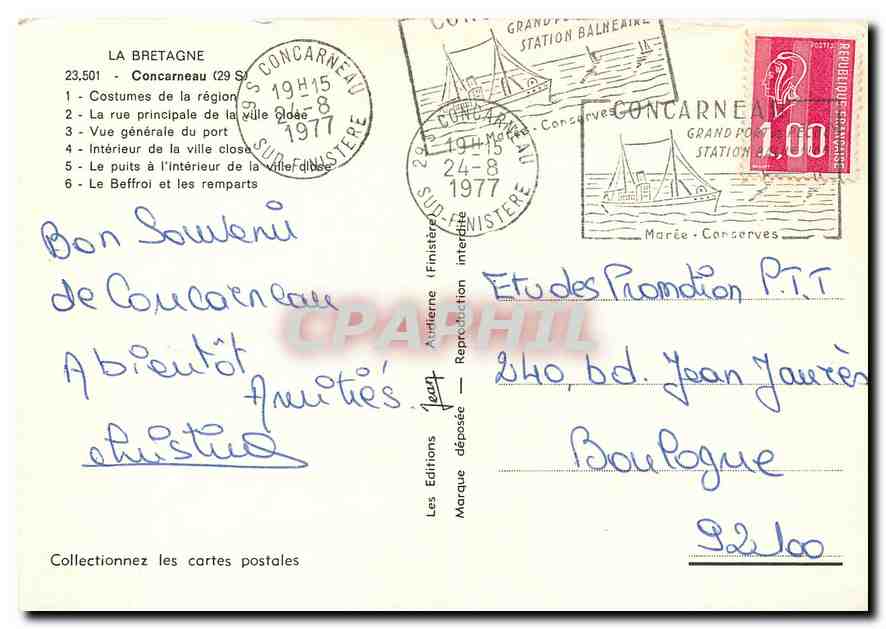 CPM La Bretagne Concarneau Costumes de la region la rue principale de la ville close vue generale du — Rückseite