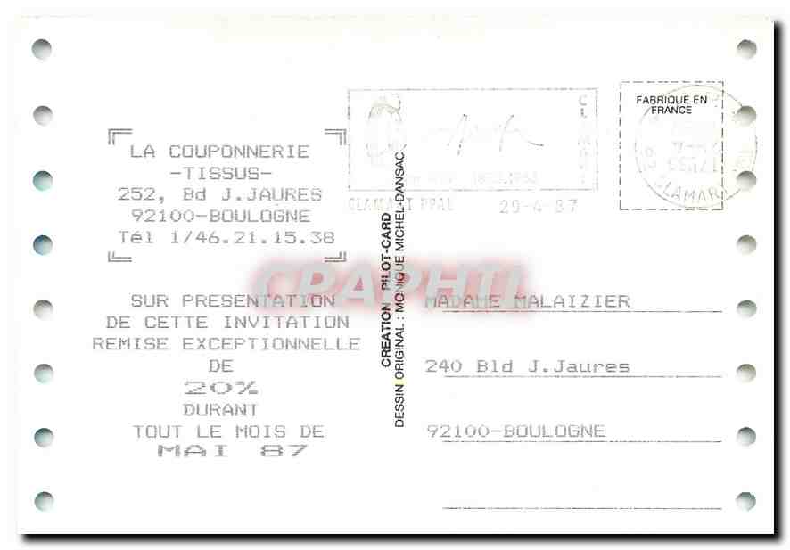 CPM Publicite La Coupoinnerie Tissus Bd JJ Jaures Boulogne  — Verso