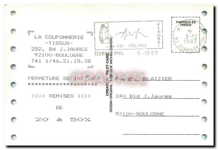 CPM Publicite La Coupoinnerie Tissus Bd JJ Jaures Boulogne  — Rückseite