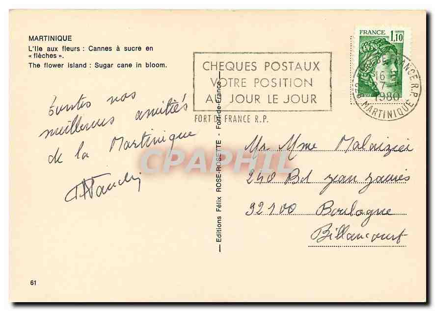 CPM Martinique L'Ile aux Fleurs Cannes a sucre en fleches  — Back