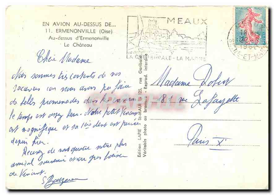 CPM En avion au dessus de Ermenonville Oise au dessus d'Ermenonville Le Chateau  — Rückseite