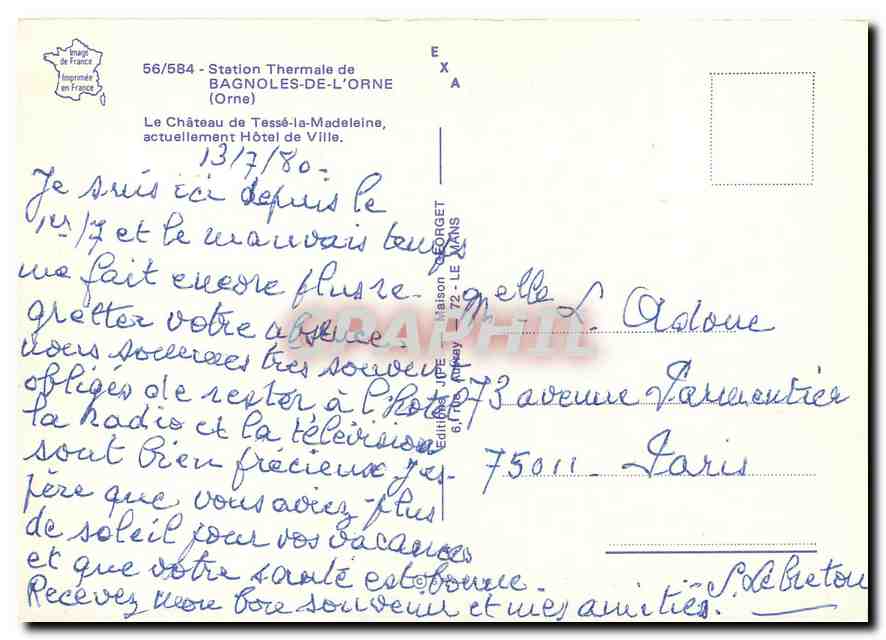 Château de Tessé-la-Madeleine — Station Thermale de Bagnolès-de-l'Orne — Éditeur CPAPHIL, n° 56/584 — Rückseite