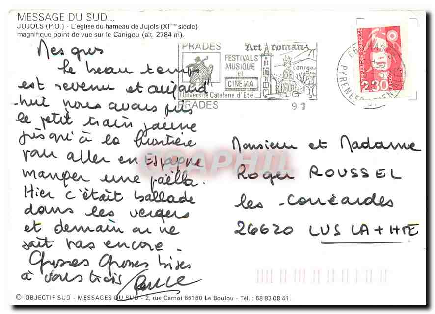 CPM Message du sud Jujols P O L'eglise du hameau de Jujols magnifique point de vue sur le Canigou  — Verso