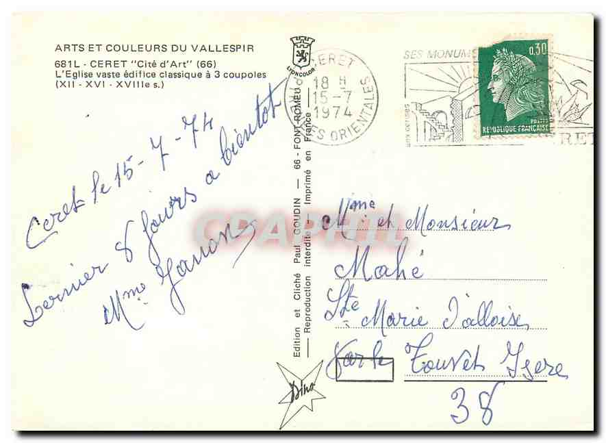CPM Arts et Couleurs du Vallespir Ceret Cite d'art L'eglise vaste edifice classique a 3 coupoles  — Verso