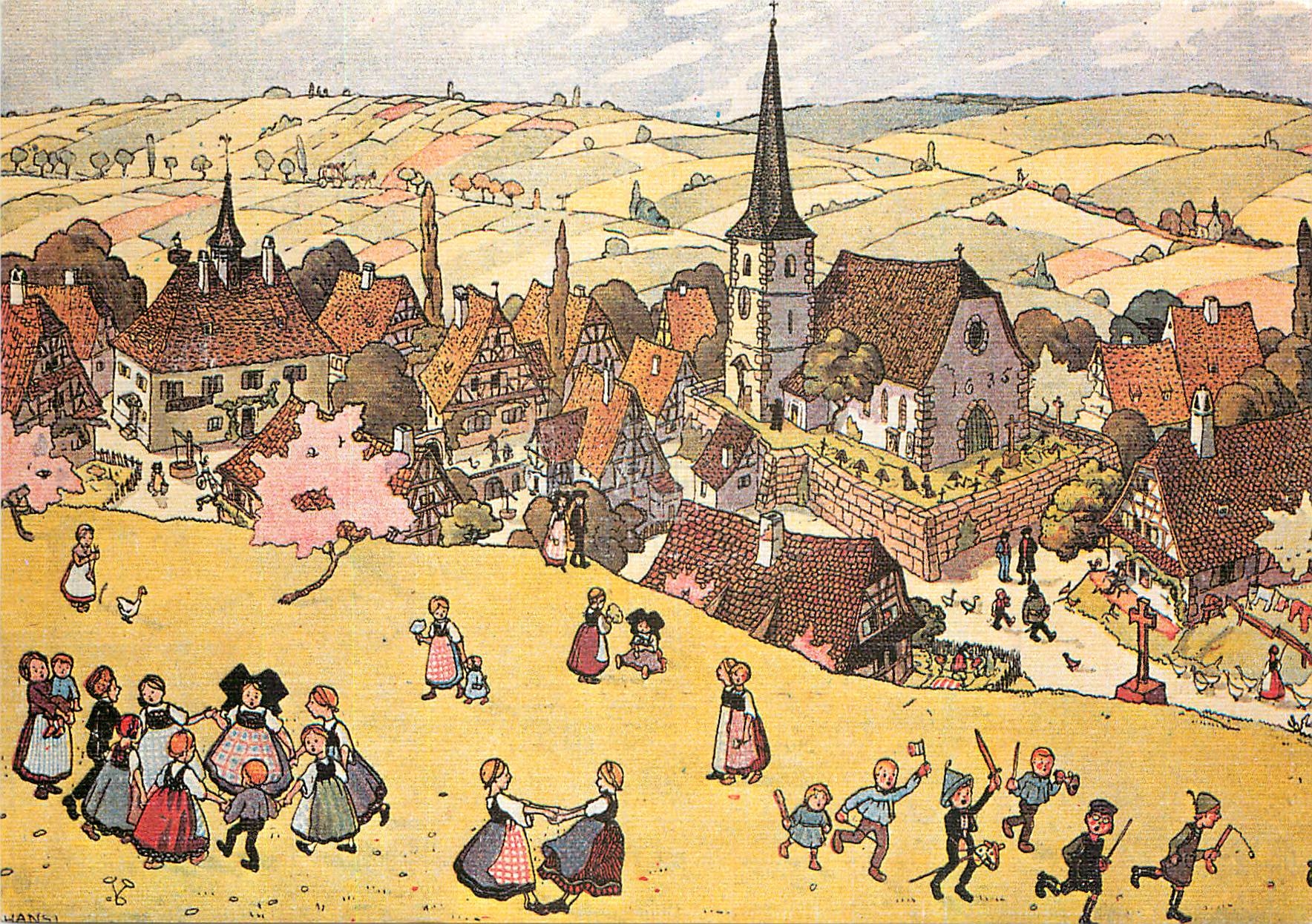 CPM L'Alsace Merveilleuse de Hansi Enfants joyeux pres de leur village 