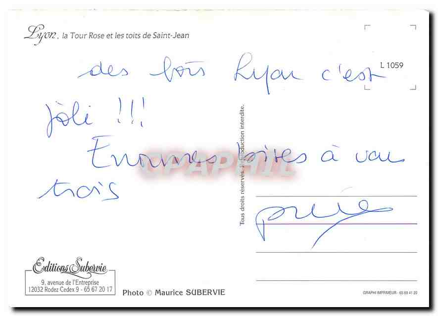 CPM Lyon la Tour Rose et les toits de Saint Jean  — Verso
