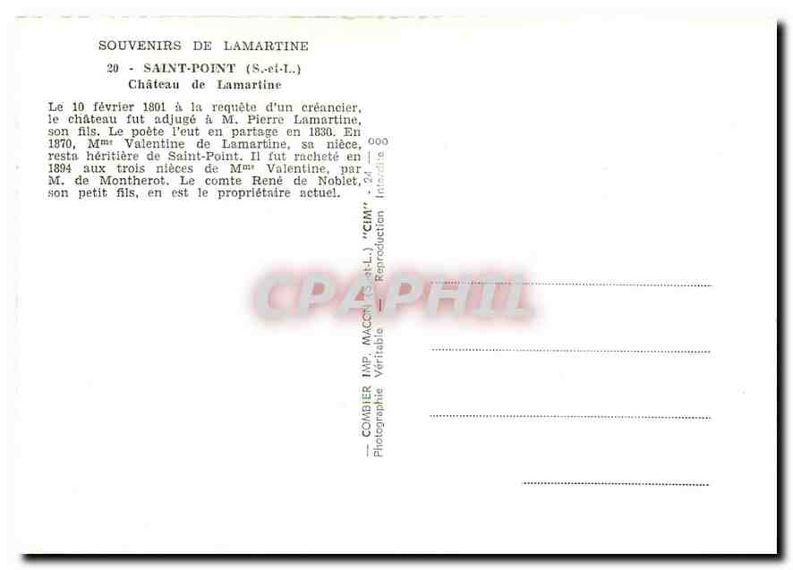 Château de Saint-Point — Souvenirs de Lamartine — Éditeur Combiér — Verso