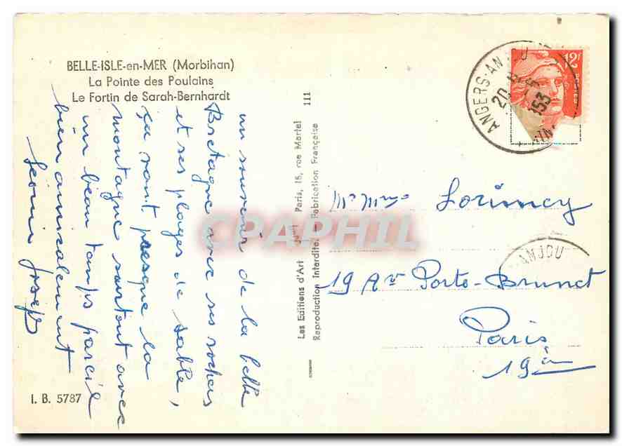 CPM Bele Isle en Mer Morbihan La Pointe des Poulains Le Fortin de Sarah Bernhardt  — Rückseite
