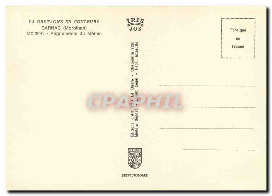 CPM La Bretagne en Couleurs Carnac Morbihan Alignements du Menec  — Rückseite