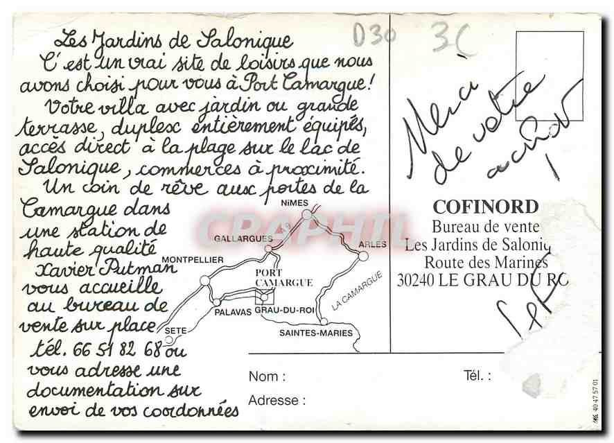CPM Les jardins de Salonique Bureau de vente les Jardins Route des Marines Le Grau  — Rückseite