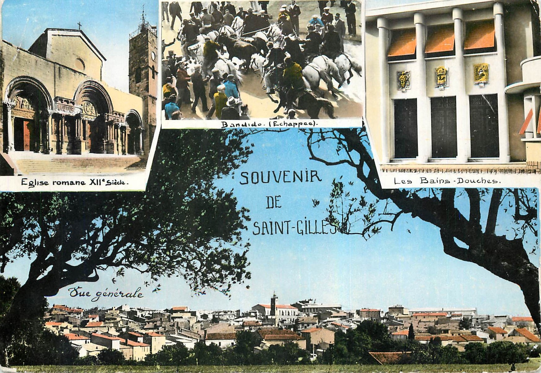 CPM Souvenir de Saint Gilles Gard Eglise romane Bandido Echappee Taureaux Les bains douches
