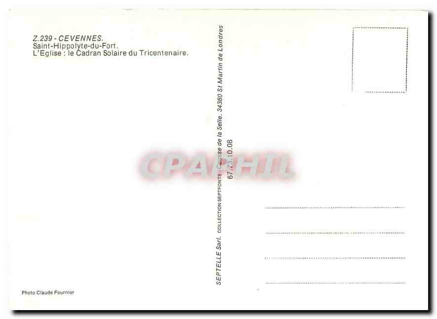 CPM Cevennes Saint Hippolyte du Fort l'Eglise le Cadran solaire du Tricentenaire  — Rückseite