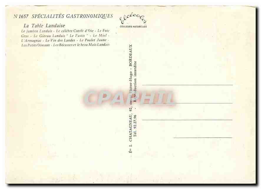 CPM Specialites Gastronomiques La Table Landaise  — Back