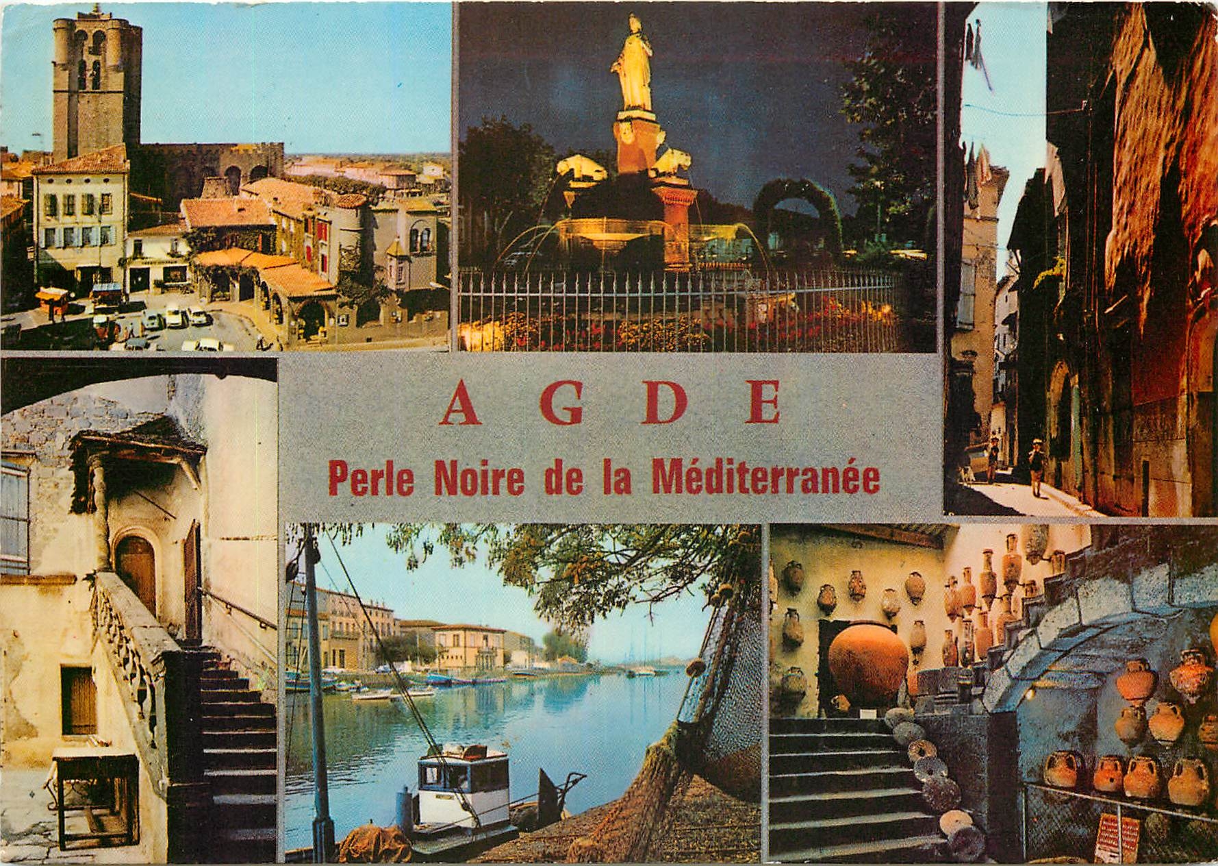 CPM Agde Herault La Cathedrale et la Galiote La Fontaine dite de la Belle Agathoise Vieille rue d'Ag