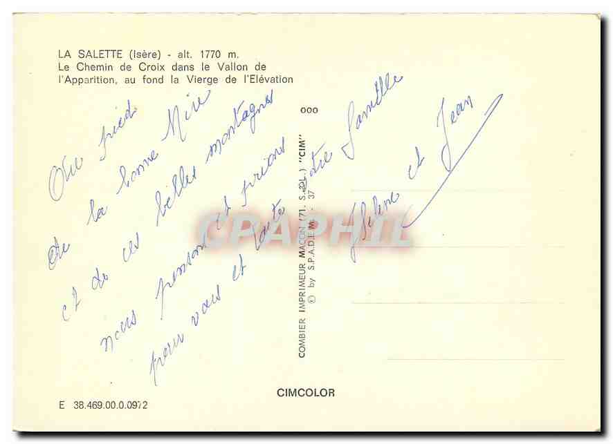 La Salette — Chemin de Croix dans le Vallon de l'Élévation — Imprimeur Macon — Verso