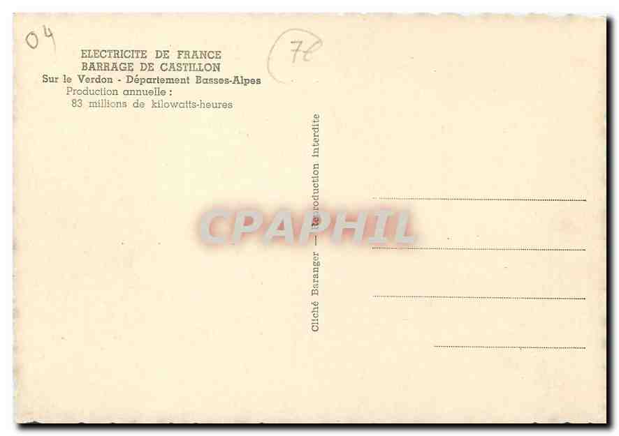 CPM Electricite de France Barage de Castillon Sur le Verdon Departament Basses Alpes  — Rückseite