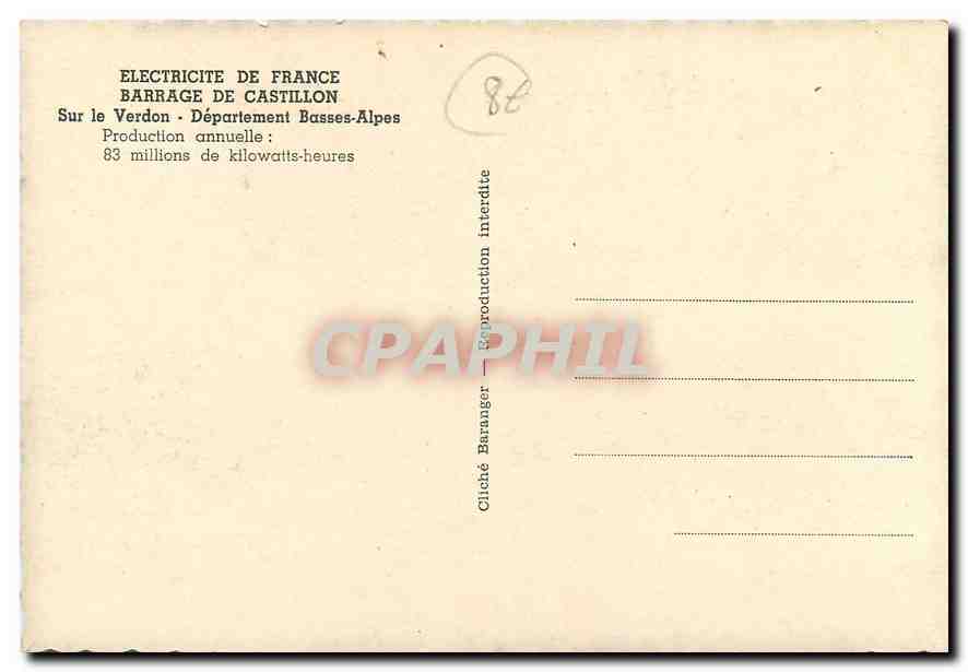 CPM Electricite de France Barrage de Castillon Sur le Verdon Departament Basses Alpes  — Rückseite